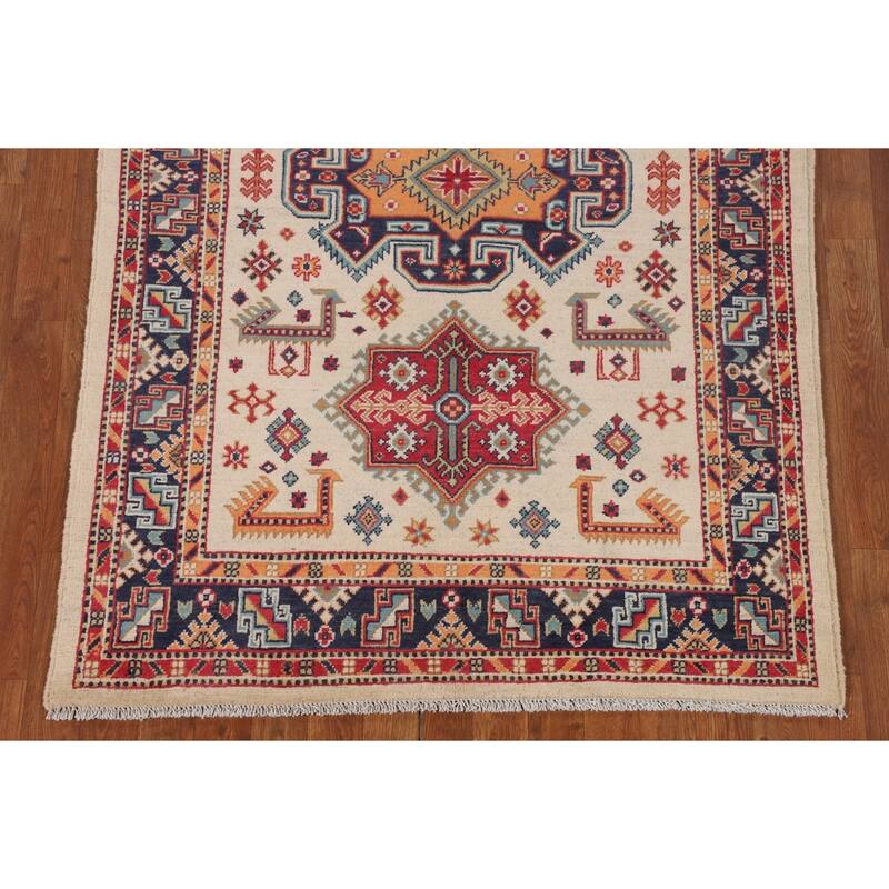 Kazak Area Rug Hand-Knotted Oriental Wool Carpet - 3'11" x 6'0"