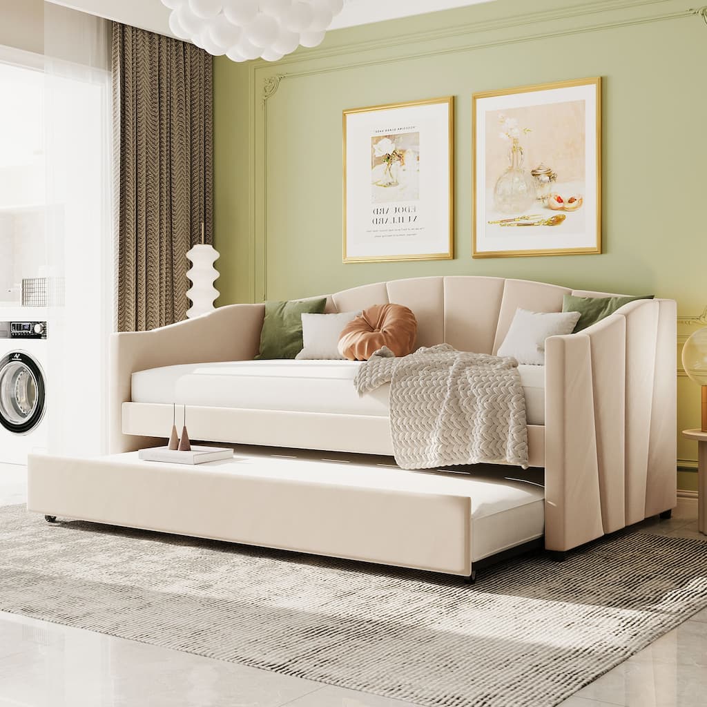 Beige Velvet Upholstered Twin Daybed with Trundle and Wood Slat Support - Sofa Bed