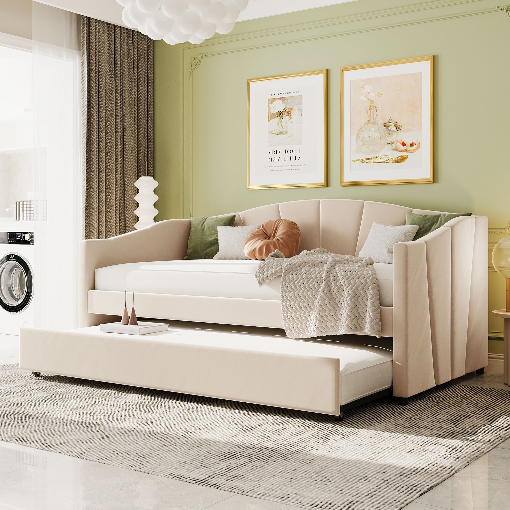 Twin Size Upholstered Daybed with Trundle Velvet Sofa Bed with