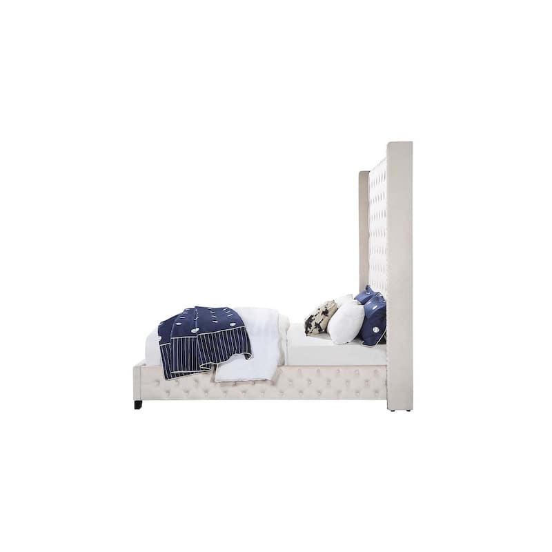 QUEEN BED Frame Velvet Beige, Upholstered Platform Bed Modern Design