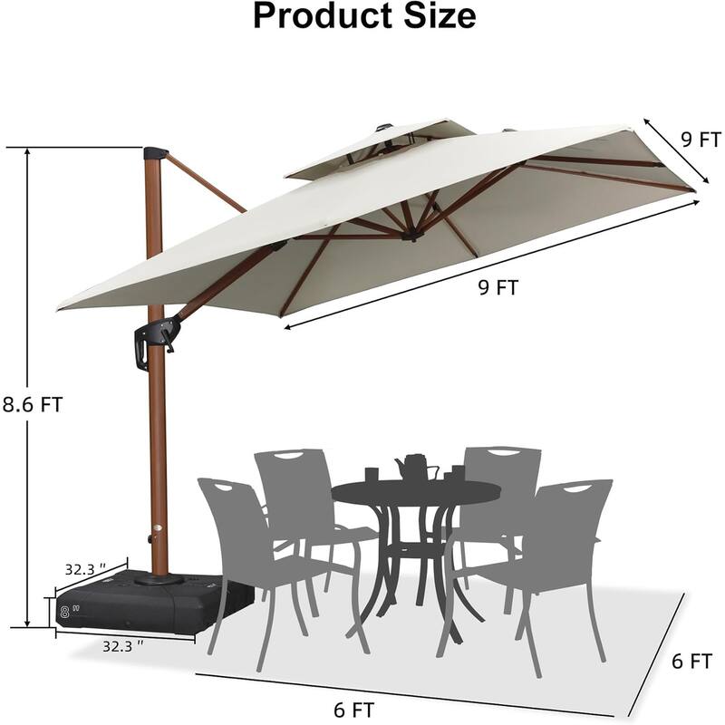 PURPLE LEAF 9/10/11ft Square 09x12ft Rectangle Wood Pattern Patio Cantilever Umbrella with Base