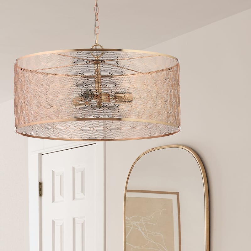Haileigh River of Goods Gold Metal Drum-Shade Hanging Chandelier - 23.625" x 23.625" x 16/63"