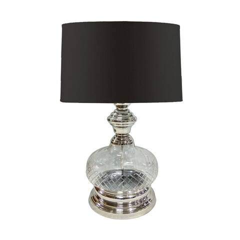 Pot Bellied Shape Glass Table Lamp with Metal Tier Base, Clear and Black - 28 H x 17 W x 17 L Inches