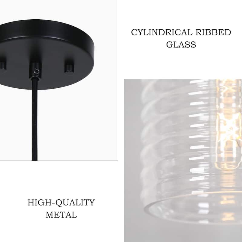 Modern Minimalist 1-Light Black Cylindrical Pendant Light Clear Striped Glass Cylindrical Kitchen Island Light for Dining Room