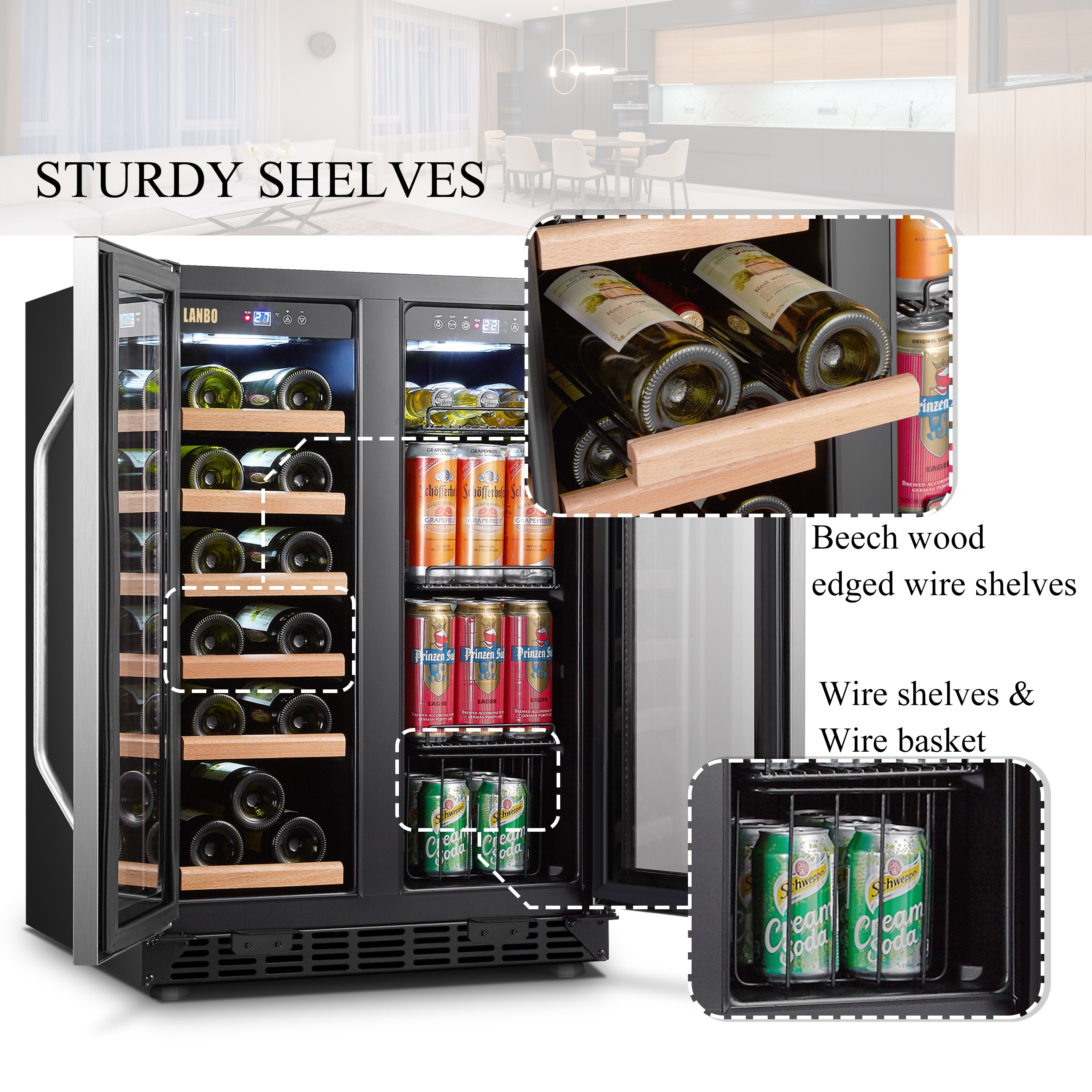 Lanbo 24 in.18-Bottle and 55-Can Stainless Steel 2-door Built-in Wine and  Beverage Refrigerator