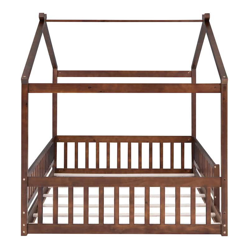Full Size House Bed with Roof and Fence, Perfect for Kids' Play and Sleep
