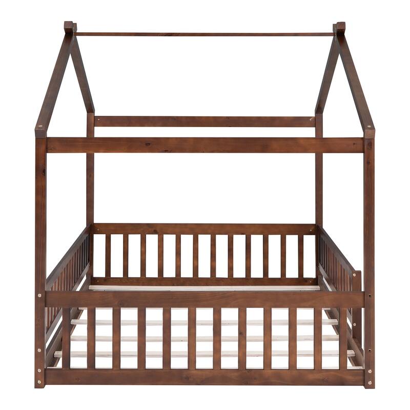 Full Size Wooden House Bed Frame with Fence for Kids and Teens, Walnut Finish