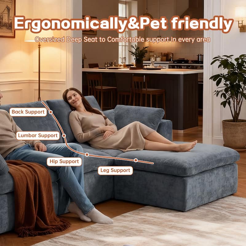 L-Shaped Chenille Sectional Sofa with Chaise Lounge, Living Room Modular Leisure Couch Chenille Sleeper Sofa