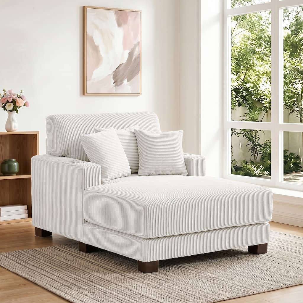 Casual Upholstered Flannel Corduroy Sofa Cup Holder Chaise with 3 Pillows