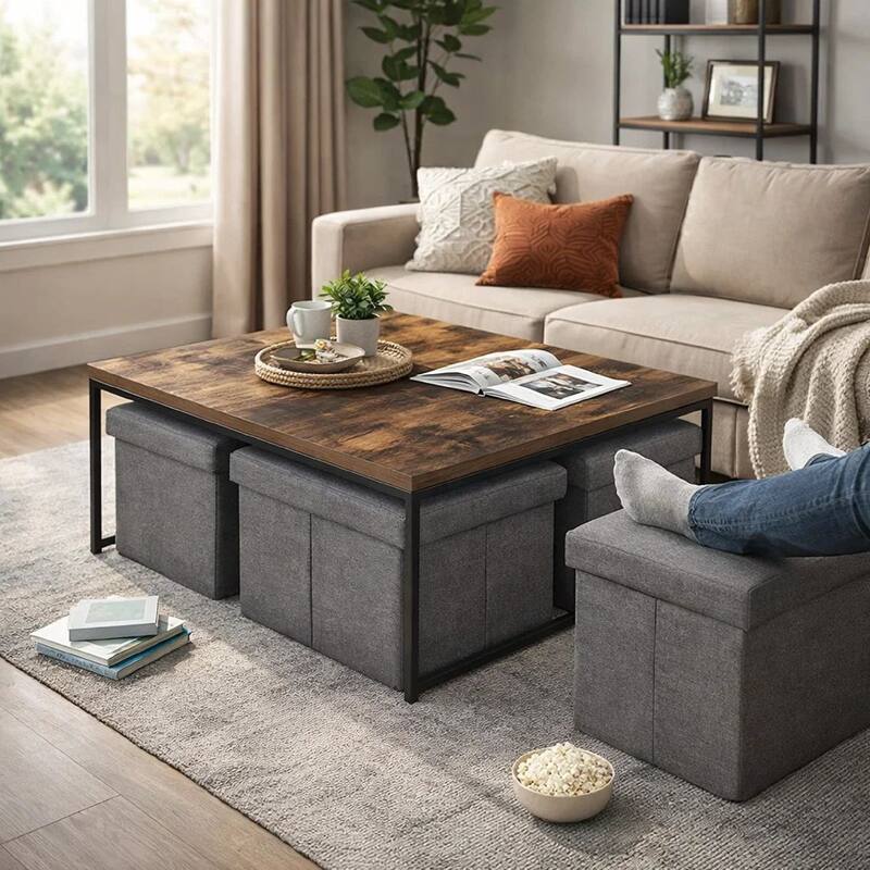 All 5 Piece Coffee Table Set, Oak Brown Top with 4 Nesting Storage Bins
