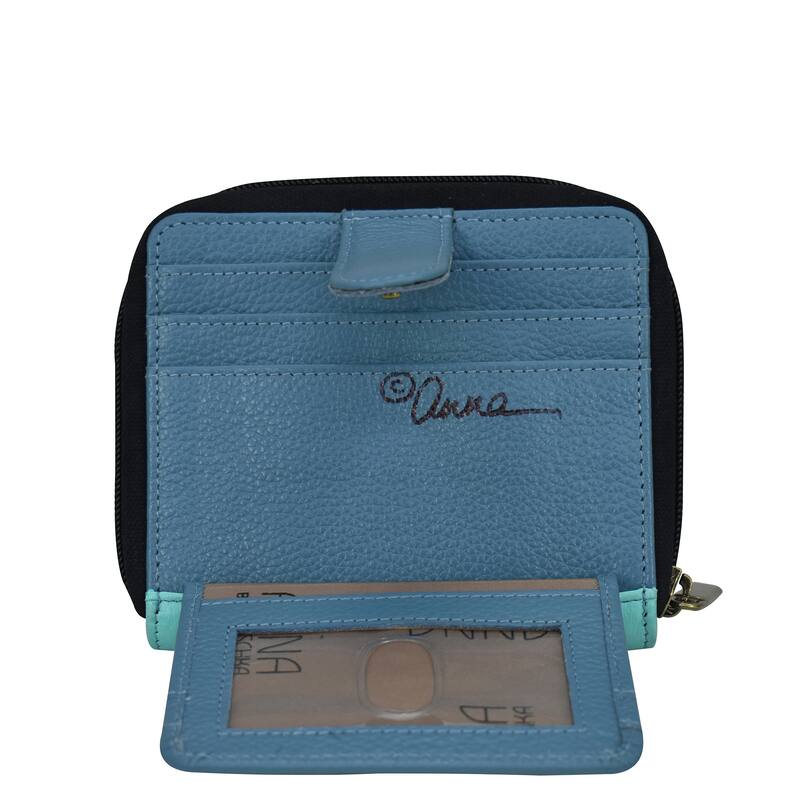 Handpainted Leather Ladies Zippered Organizer Wallet - Vintage Garden Turquoise