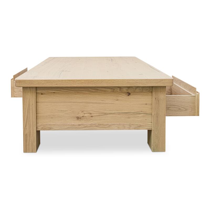 NADAAL STUDIOS Mareth Coffee Table, Rectangular Rustic Oak Top with Rounded Edge, Solid Oak Legs Dual-Sided Drawers, Natural