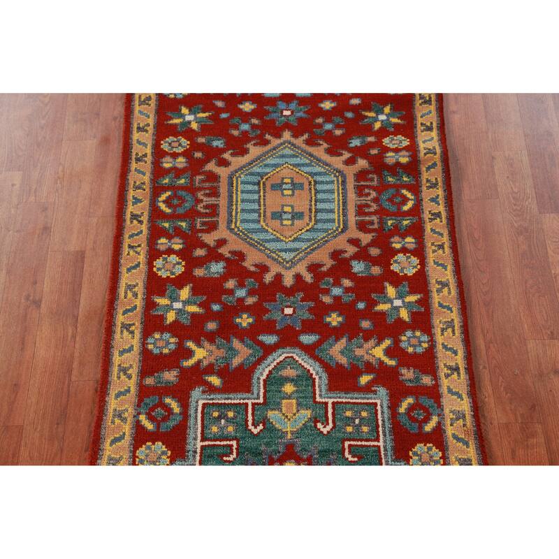 Red Geometric Khotan Indian Runner Rug Hand-Knotted Wool Carpet - 2'7"x 7'8"