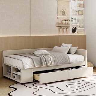Twin Upholstered Platform Bed with Plush Headboard, L-Shaped Design
