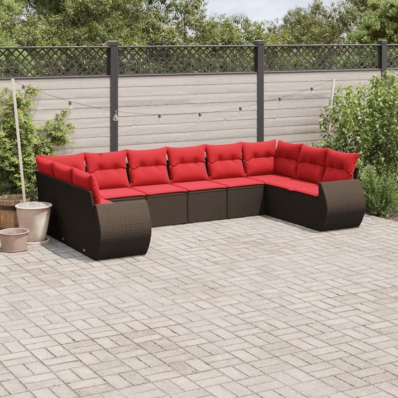 vidaXL 10 Piece Patio Sofa Set with Cushions Grey Poly Rattan - 24.4" x 24.4" x 27.2" - Brown and red Without table