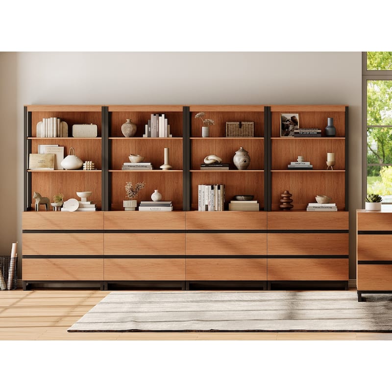 WAMPAT Modern 72" Tall Bookcase with Drawers and Open Book Shelfs, Library Book Shelf for Home Office, Living Room - 4 Piece - Mocha