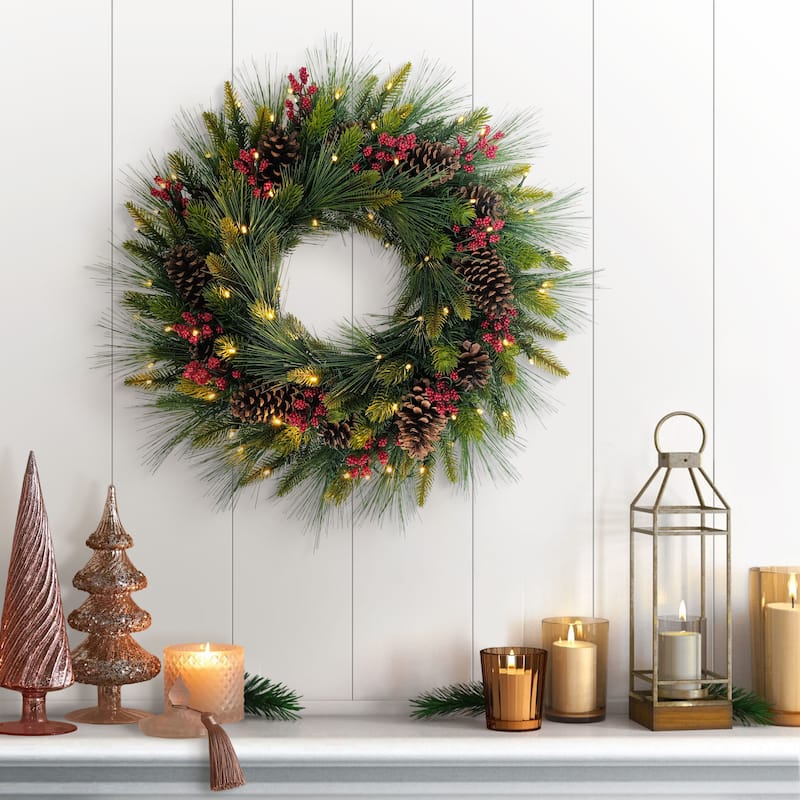 Puleo International 26" Pre-Lit Artificial Adorned Christmas Wreath - Red
