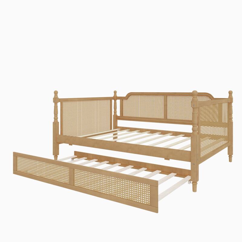 Traditional Rattan Daybed Frame/Wood Sofa Bed Frame w/Trundle for Bedroom Small Space Guestroom Living Room/No Box Spring Needed