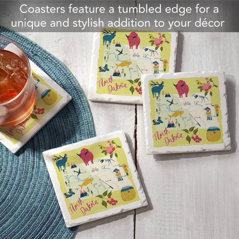 North Dakota Home 4-Pack Absorbent Stone Coasters with Protective Cork Backing 4" Square Made in The USA Easily Wipes Clean