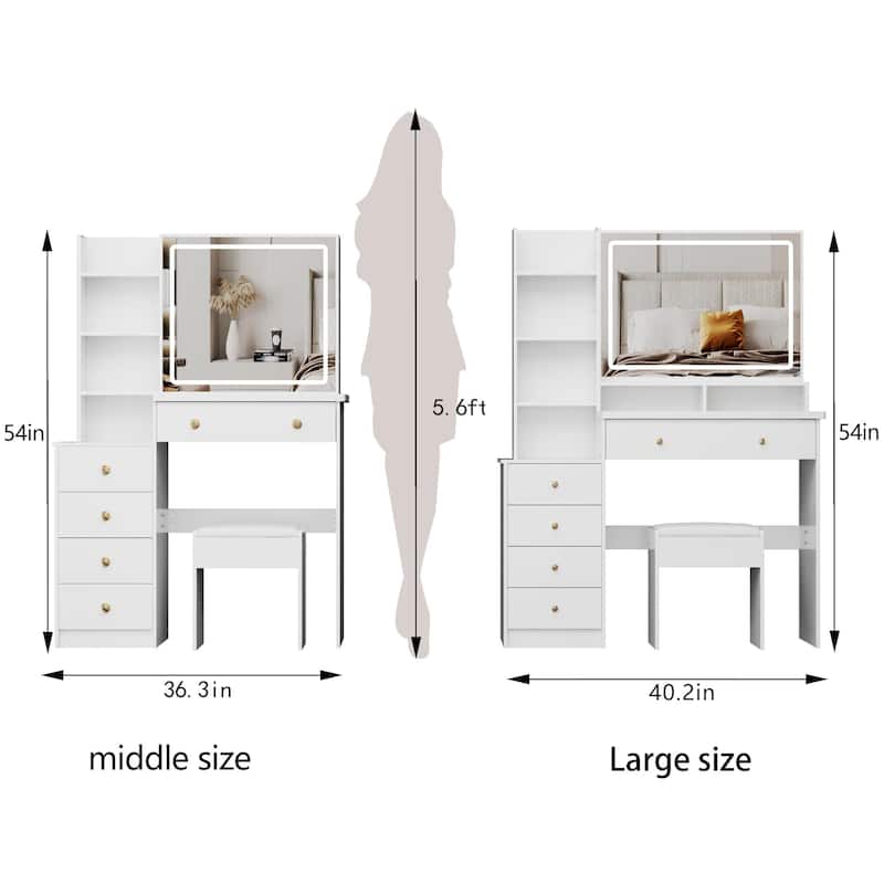 Dresser Set with Cushioned Stool, Extra Large Touch Control LED Mirror, Vanity Table with 3 Color Switch, High Capacity Storage