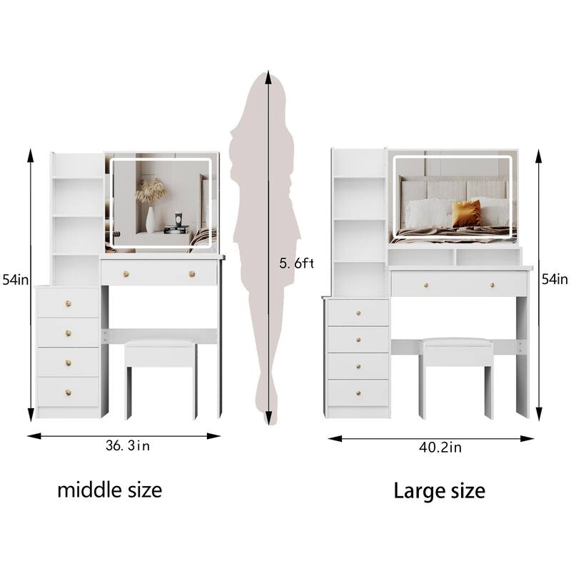 Makeup Vanity Desk with Extra Large Lighted Mirror, Left Drawer Cabinet, Adjustable LED Lighting, and Stool for Bedroom