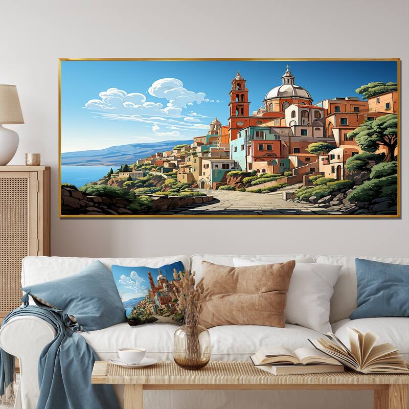 Designart "Italian Village By The Coast II" Landscape Italy Green Wall Decor - Global Entryway Framed Wall Art - 60 in. wide x 28 in. high - Gold