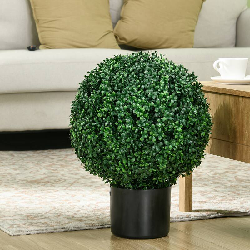 HOMCOM Set of 2 20.5" Artificial Ball Boxwood Topiary Trees with Pot