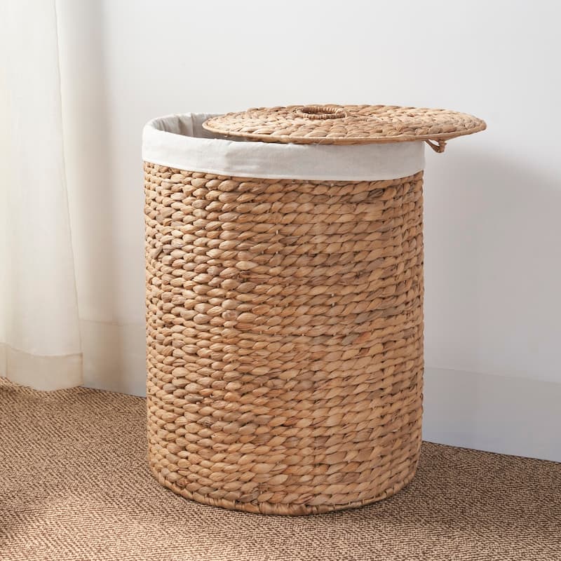 Ludmilla Round Tall Water Hyacinth Woven Wicker Laundry Hamper with Lid