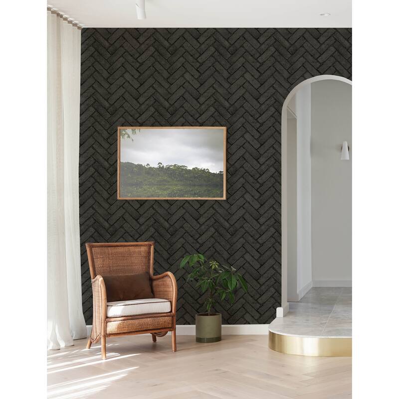 Chesapeake Canelle Black Brick Herringbone Wallpaper