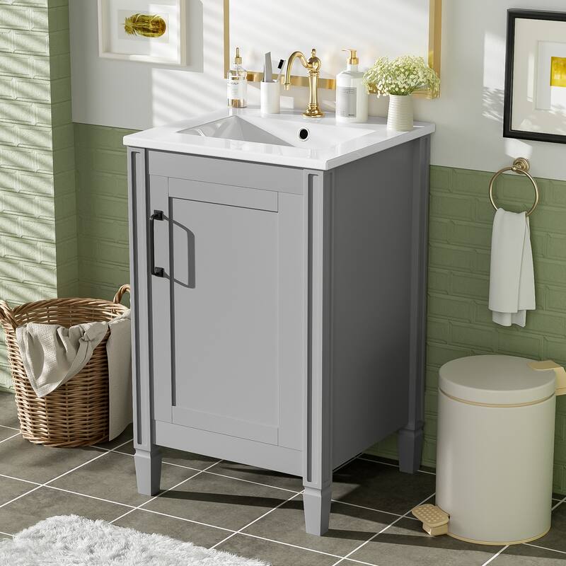 20" Small Bathroom Vanity with Ceramic Sink - Soft-Close Door, Adjustable U-Shaped Shelf, Freestanding Cabinet