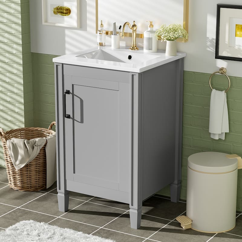 20"Bathroom Vanity with Ceramic Sink,Soft Close Door,Adjustable U-Shaped Shelf,Door Storage Rack,Modern Freestanding Cabinet