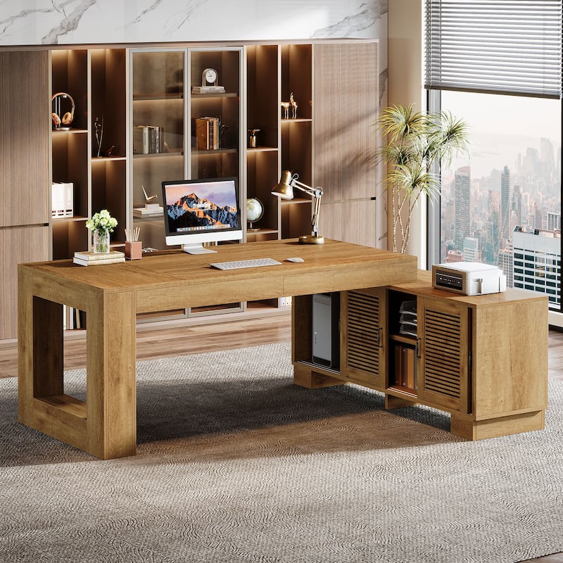 L Shaped Executive Desk with Storage Cabinets and 2-Tier Shelf