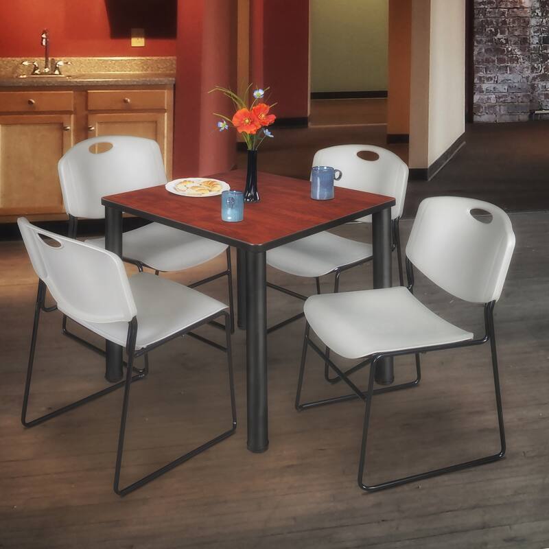30" Square Breakroom Table- Cherry/ Black & 4 Stack Chairs- Grey - Grey, Cherry, Black - 30