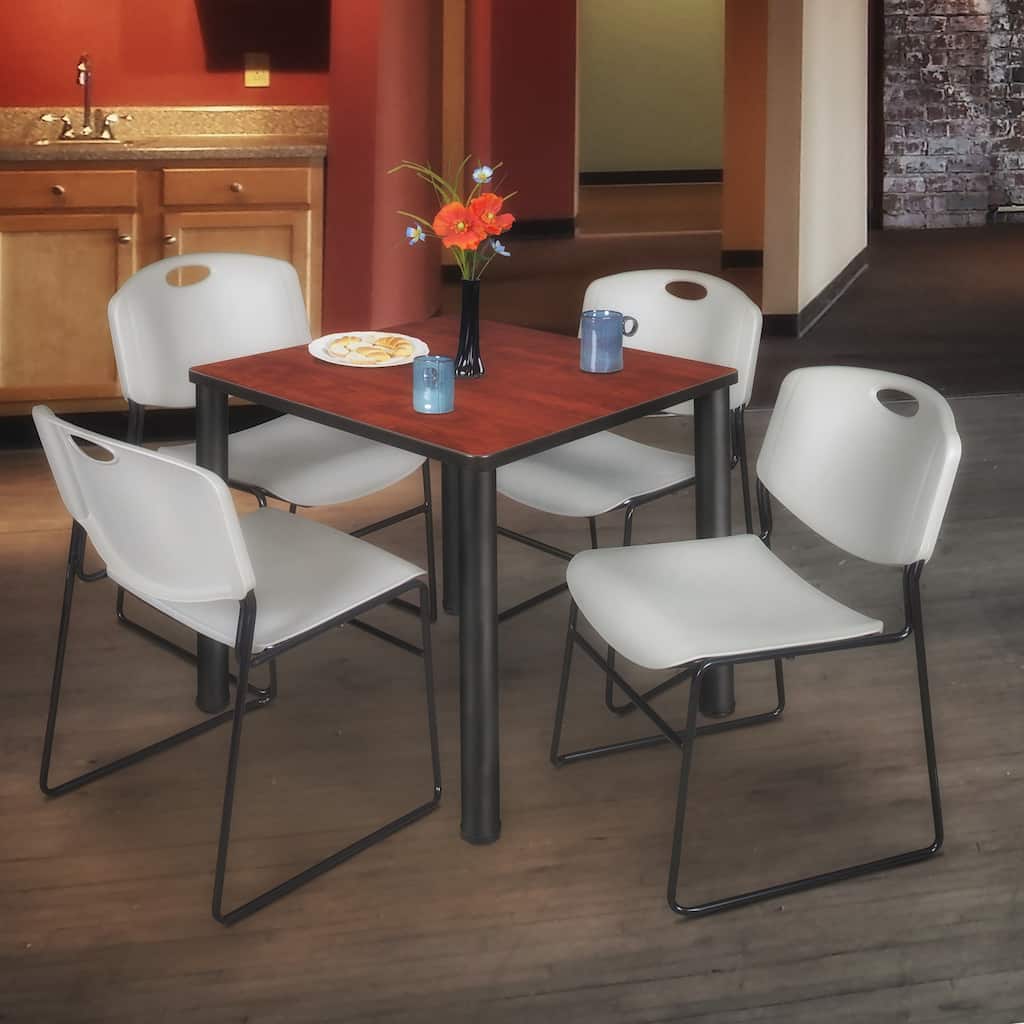 30" Square Breakroom Table- Cherry/ Black & 4 Stack Chairs- Grey - Grey, Cherry, Black - 30