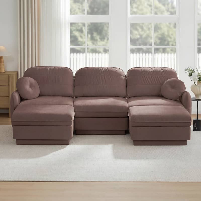 105" Chenille Sectional Sofa with 2 Round Pillows and 2 Movable Ottomans