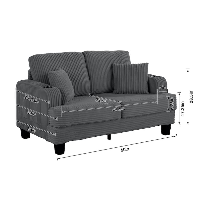 61" Contemporary Corduroy Loveseat Sofa with 2 Pillows and Cup Holder