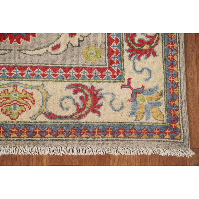 Kazak Runner Rug Hand-Knotted Floral Wool Carpet - 3'3" x 9'8"