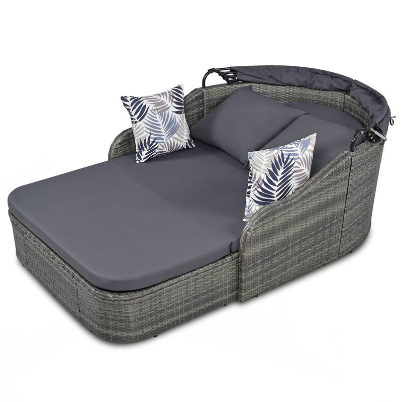 Outdoor Sunbed with Adjustable Canopy, Double lounge, PE Rattan Daybed