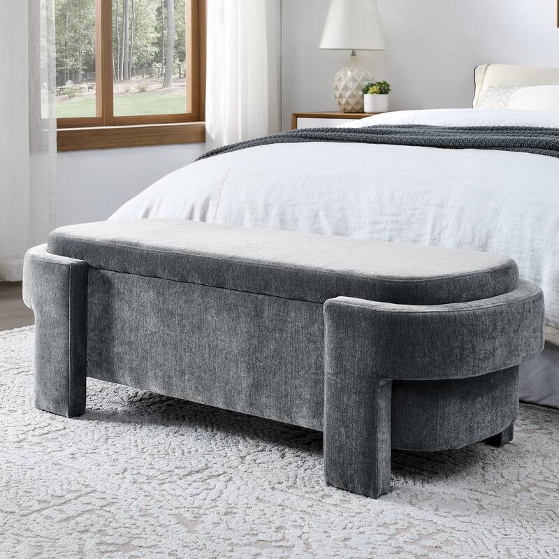 Oval Storage Bench End of Bed Storage Ottoman Benches Linen Fabric Upholstered Ottoman Bench w/ Large Storage Space for Bedroom