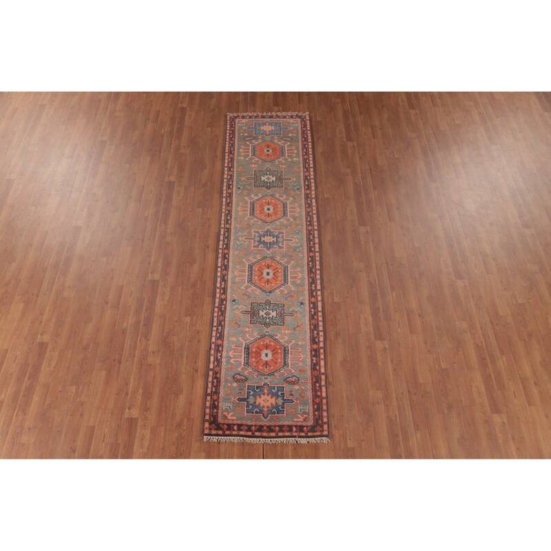 Geometric Kazak Runner Rug Handmade Grey Wool Carpet - 2'6"x 9'10"