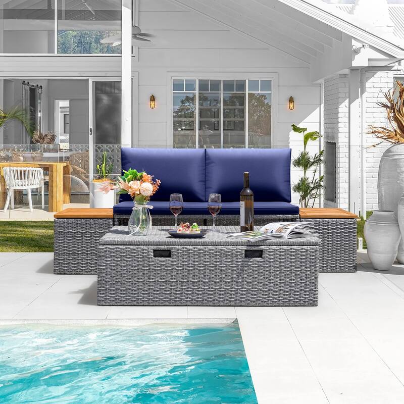 Furniwell Outdoor Daybed Patio Furniture Set Rattan Storage Conversation Set with Cushion and Side Table - Blue