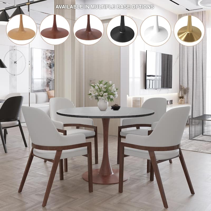 Bristol 31" Round Dining Table with Sintered Stone Top and Walnut Steel Pedestal Base for Modern Kitchen and Dining Room