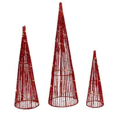 Set of 3 LED Lighted Glitter Cone Tree Outdoor Christmas Decorations 23.5"