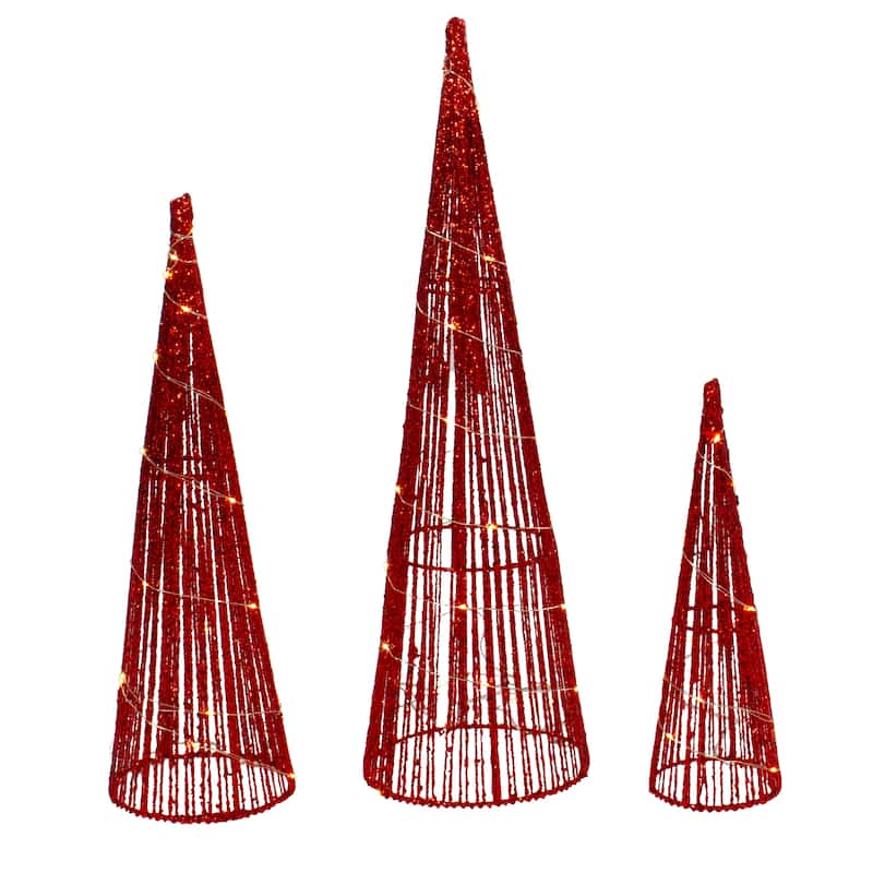 Set of 3 LED Red Glitter Cone Tree Outdoor Christmas Decorations 23.5"