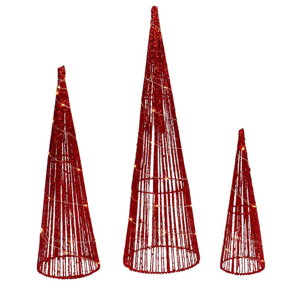 Set of 3 LED Red Glitter Cone Tree Outdoor Christmas Decorations 23.5"