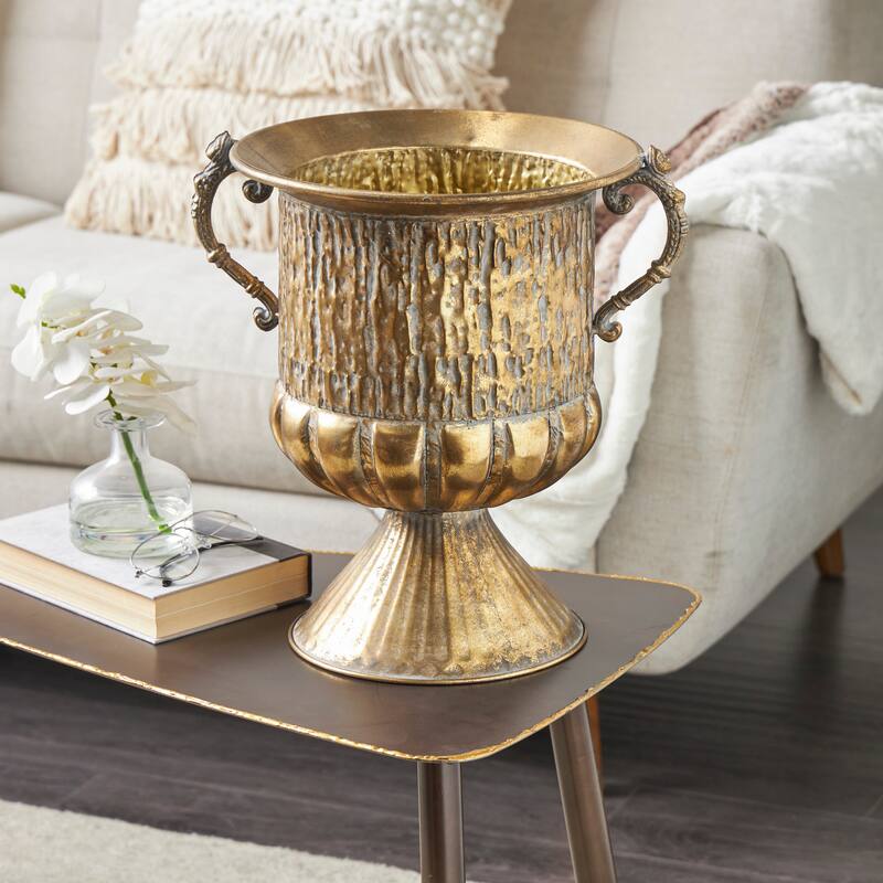 Gold Metal Urn Shaped Decorative Vase with Hammered Details - Gold