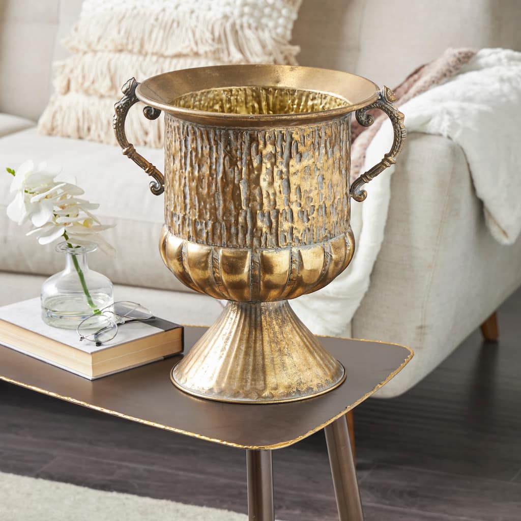 Gold Metal Urn Shaped Decorative Vase with Hammered Details