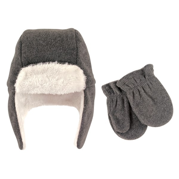 slide 1 of 1, Hudson Baby Infant Fleece Trapper Hat and Mitten 2pc Set, Heather Charcoal 0-6 Months - Heather Charcoal Baby