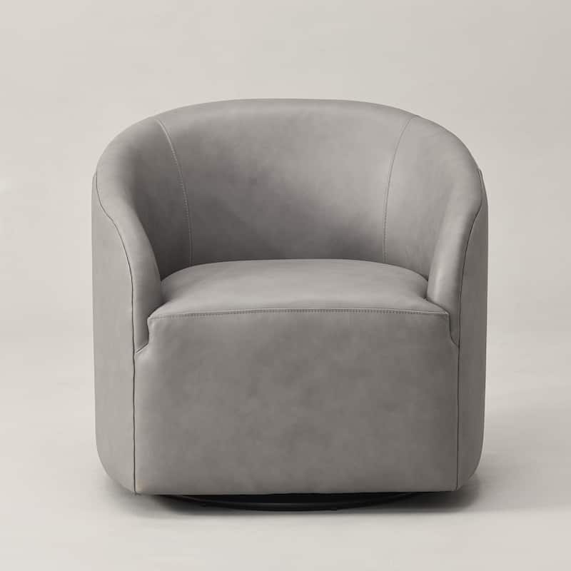 KINWELL 32"W Top Grain Genuine Leather Swivel Barrel Armchair
