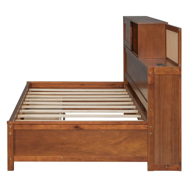 Twin Size Wooden Daybed with 3 Storage Drawers, Upper Soft Board, shelf, and a set of Sockets and USB Ports